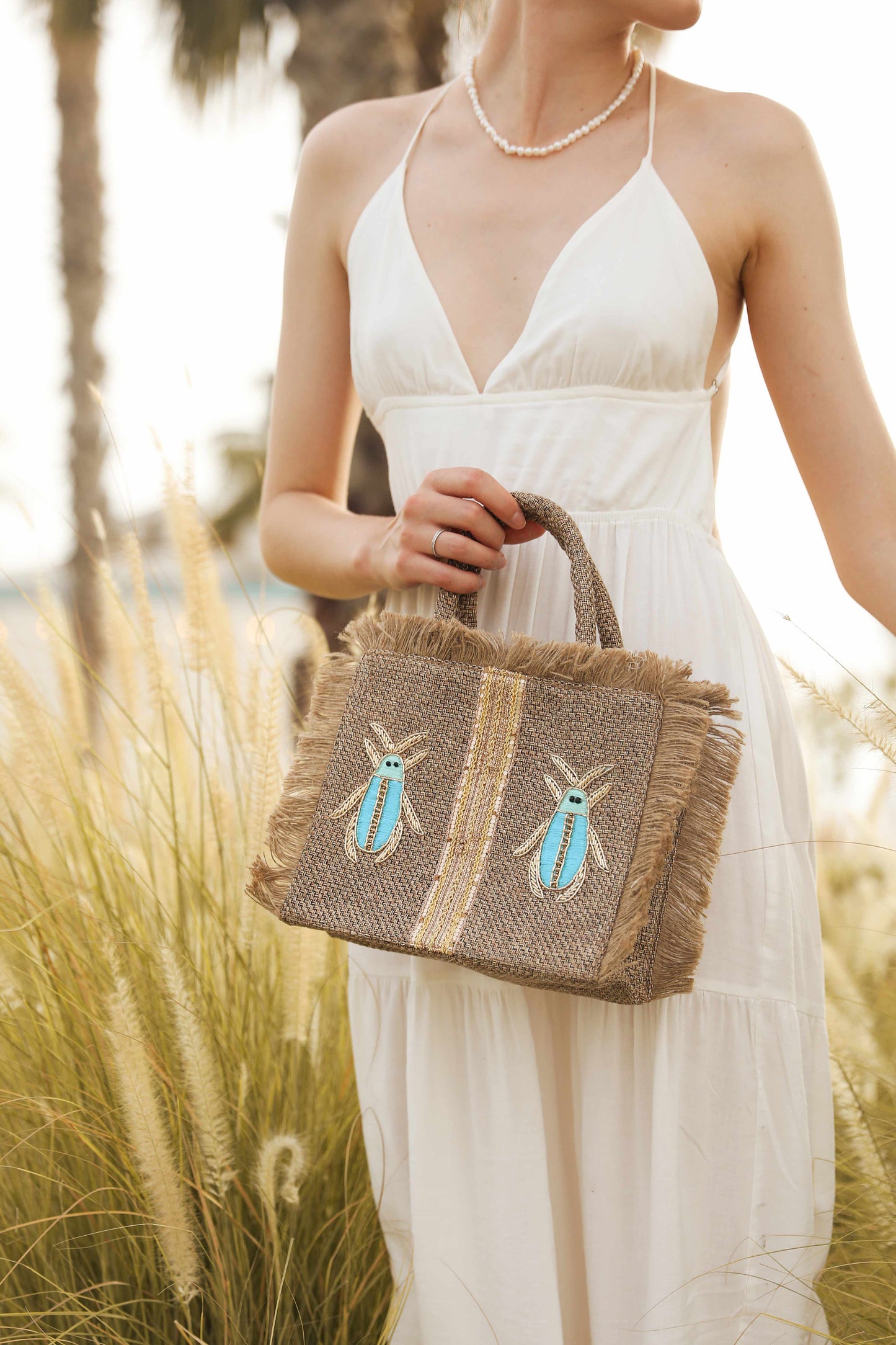 Blue and gold insects tote