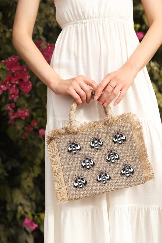 Black and white small bee tote