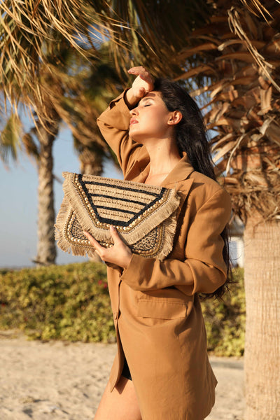Black and gold beaded large clutch with sling