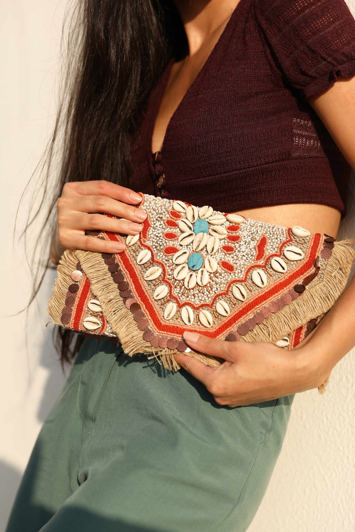 Boho shell sling clutch bag