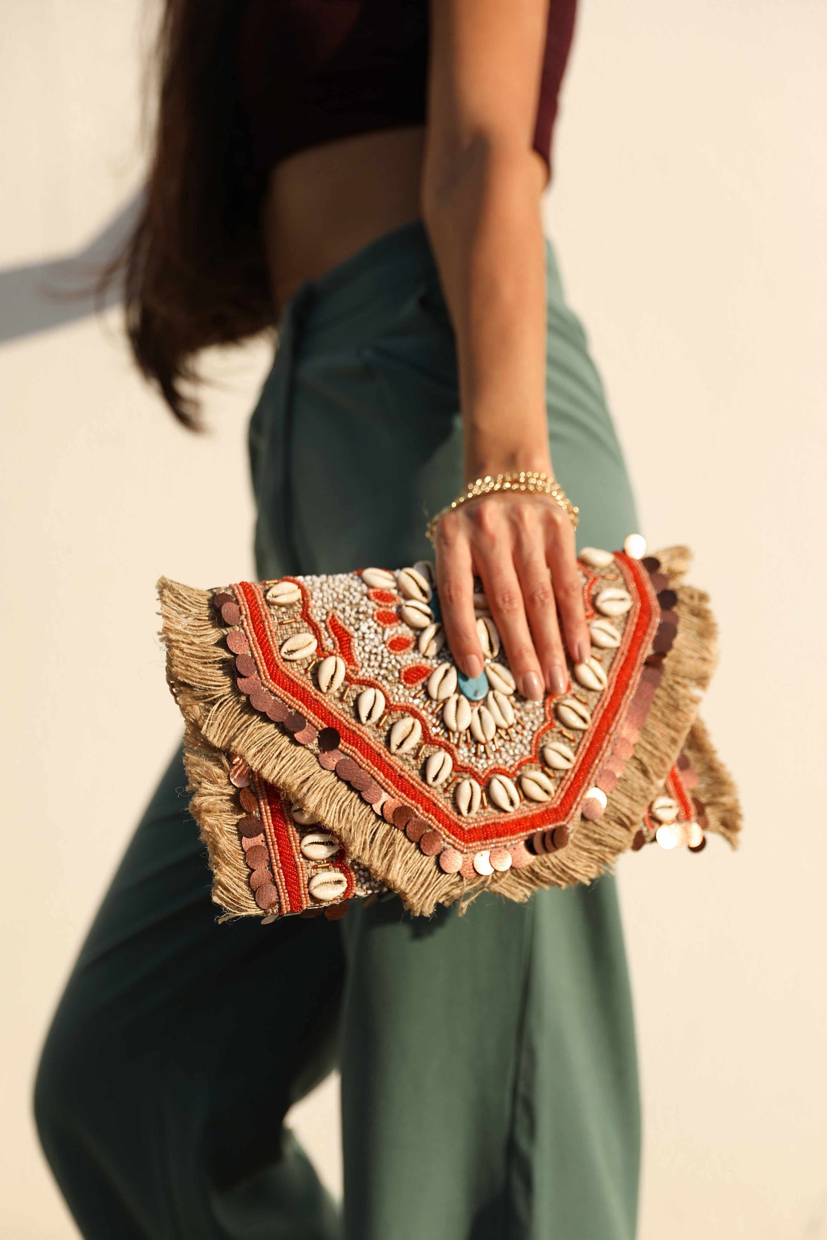 Boho shell sling clutch bag