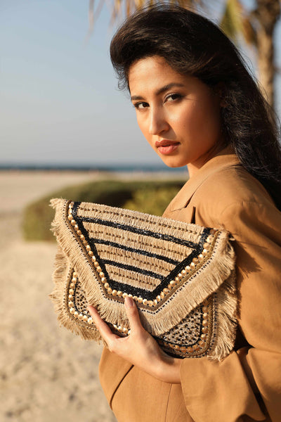 Black and gold beaded large clutch with sling