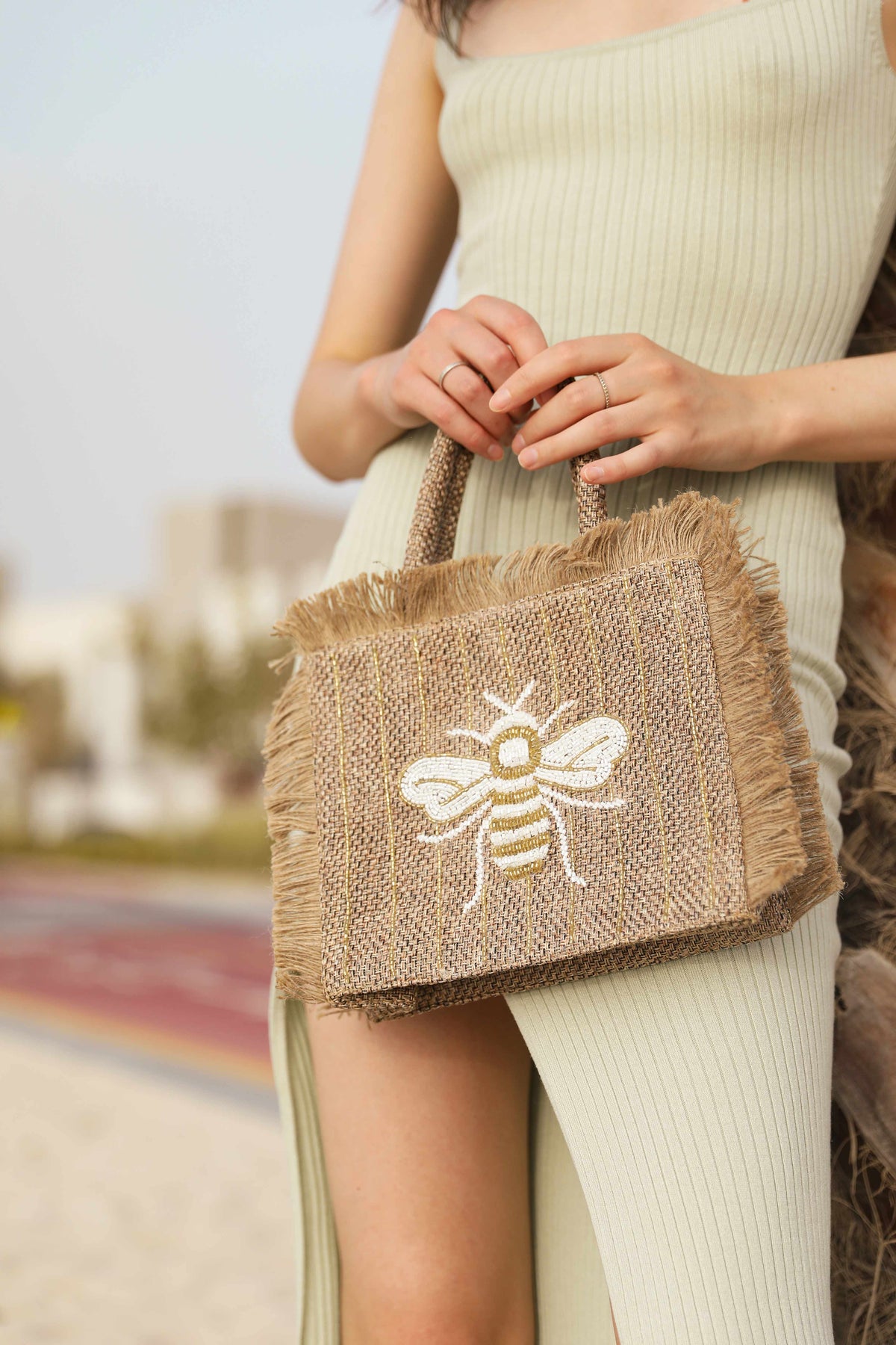 White & gold bee design tote