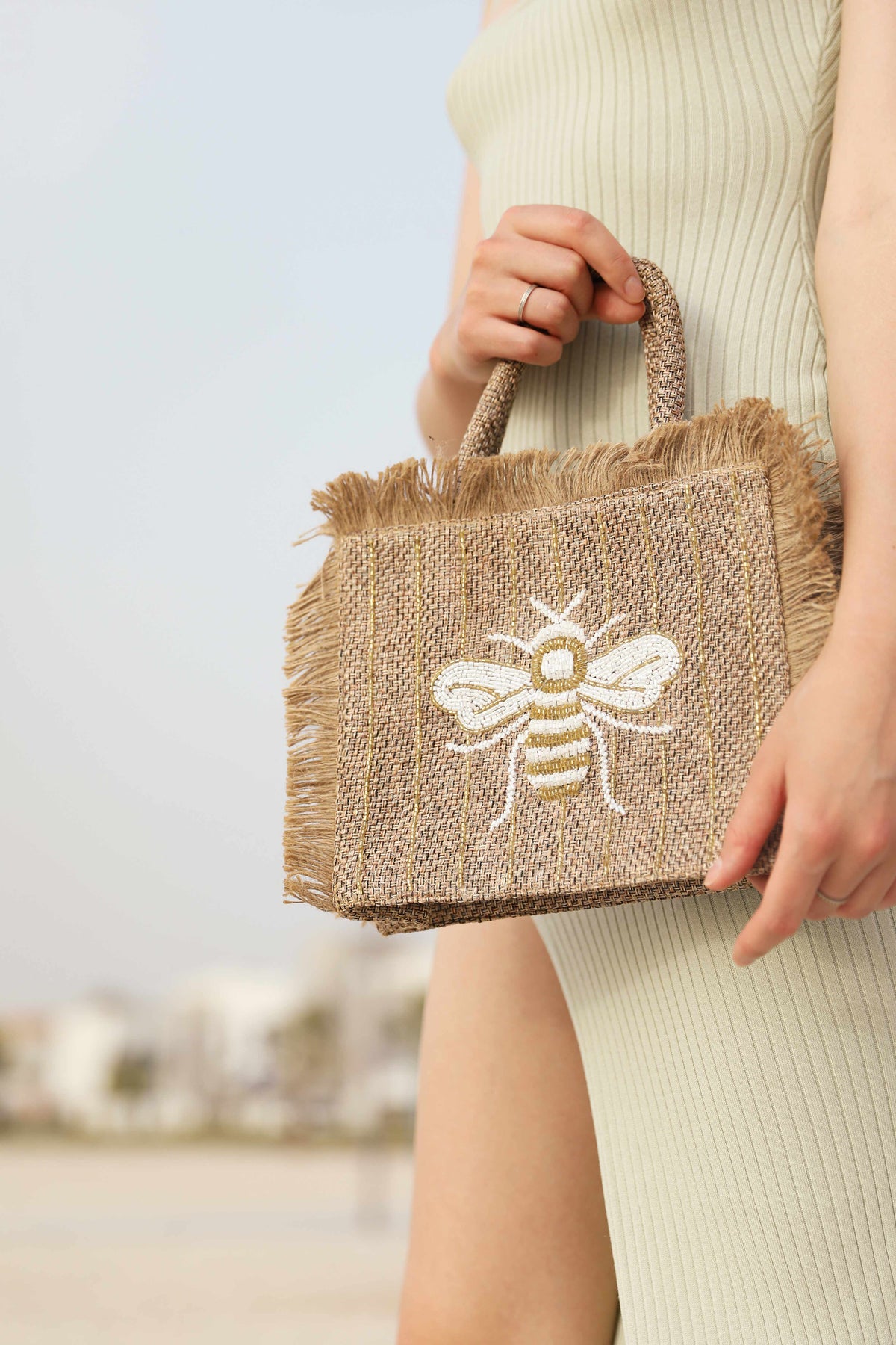 White & gold bee design tote