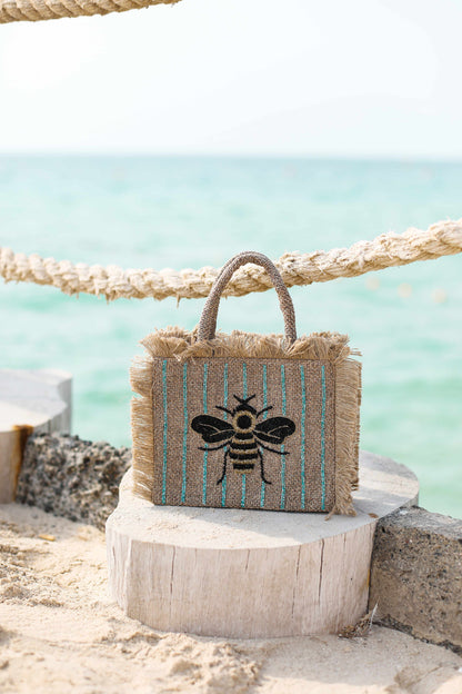 Black & gold bee with a hint of blue tote